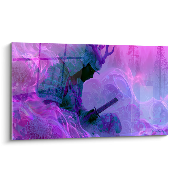 Tableau Guerrier casque ramifié violet et turquoise parmi chrysanthèmes - Forêt embrumée en arrière-plan - Edition Samouraï