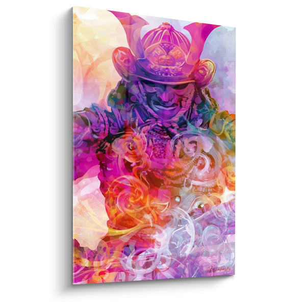 Tableau Guerrier casqué violet et orange aux volutes ornementées - Cornes du kabuto ailées - Edition Samouraï