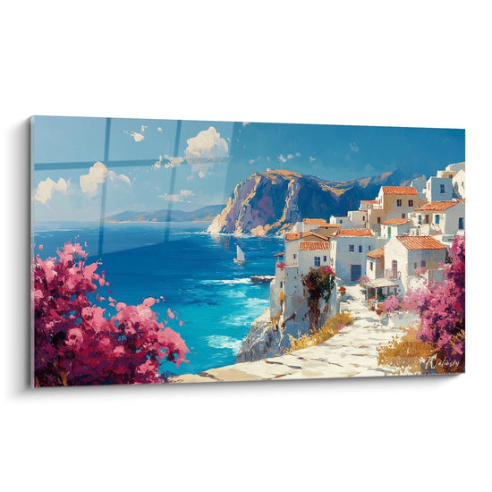 Un tableau méditerranéen représentant un village côtier aux maisons blanches perchées sur une falaise, avec des bougainvilliers roses au premier plan et une mer bleu profond s'étendant vers l'horizon montagneux.
