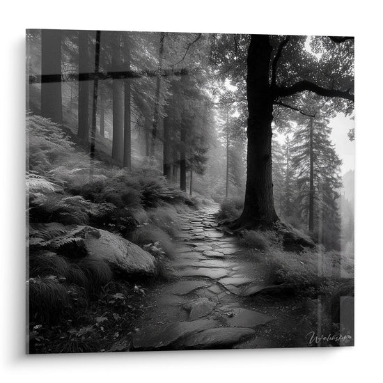 Tableau mural sentier de pierre mystérieux traversant une forêt brumeuse en noir et blanc