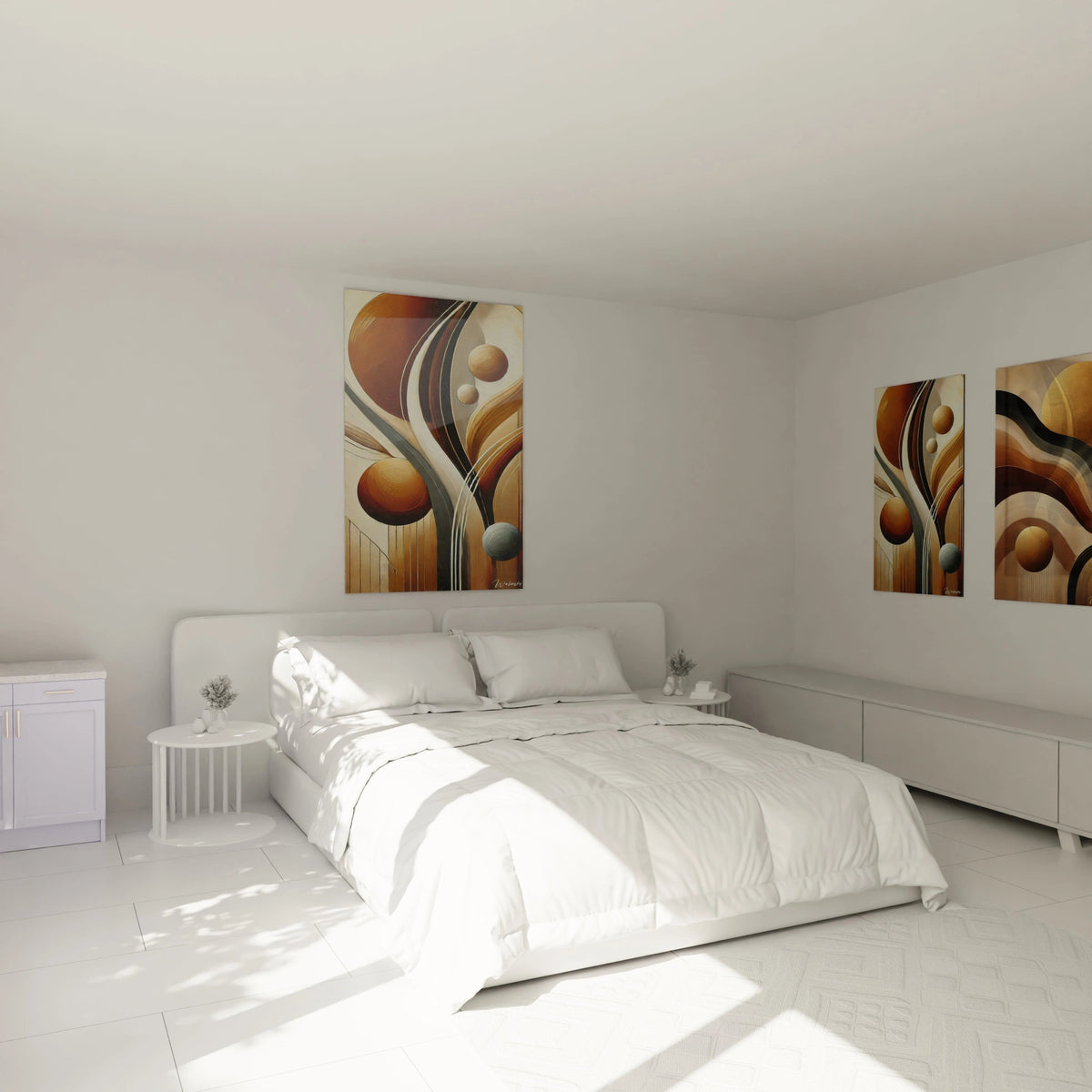 "Tableau abstrait accroché au-dessus d'un lit. Les nuances terreuses, brunes et ocres créent une ambiance chaleureuse, idéale pour une chambre contemporaine avec une touche d'élégance."