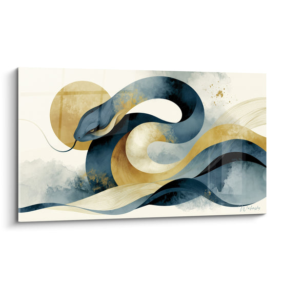 Serpent bleu marine et doré ondulant en spirales sur fond ivoire, style aquarelle graphique