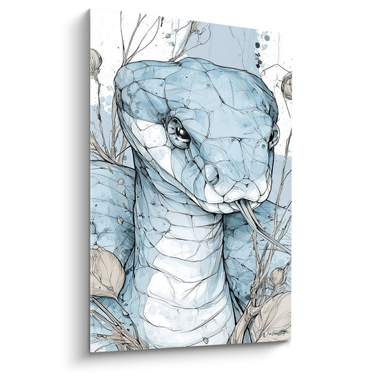 Serpent bleu pâle et blanc à la langue tirée, écailles dessinées finement au trait anthracite