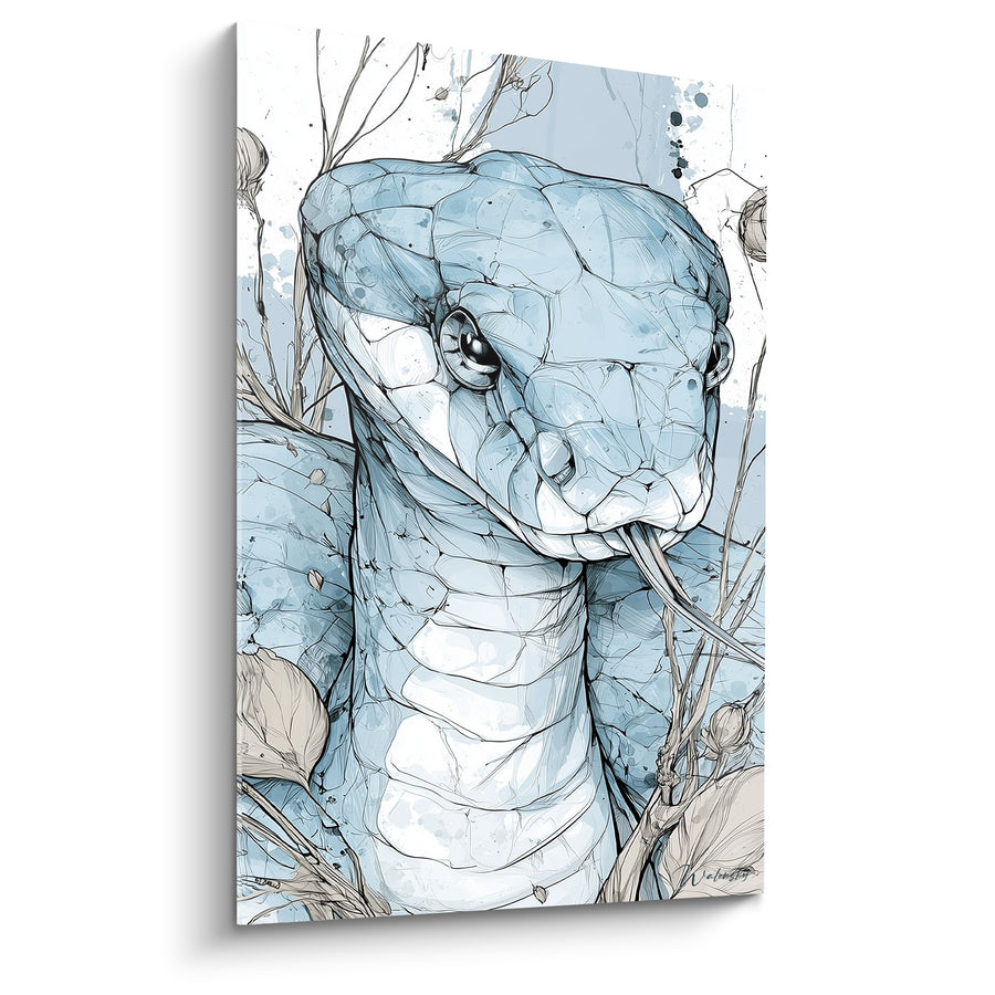 Tableau Serpent bleu et blanc parmi branches sèches - Croquis à l'encre - Edition Serpent