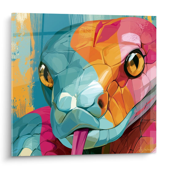 Serpent au visage bleu turquoise et rose fuchsia, langue tirée, écailles fracturées en orange