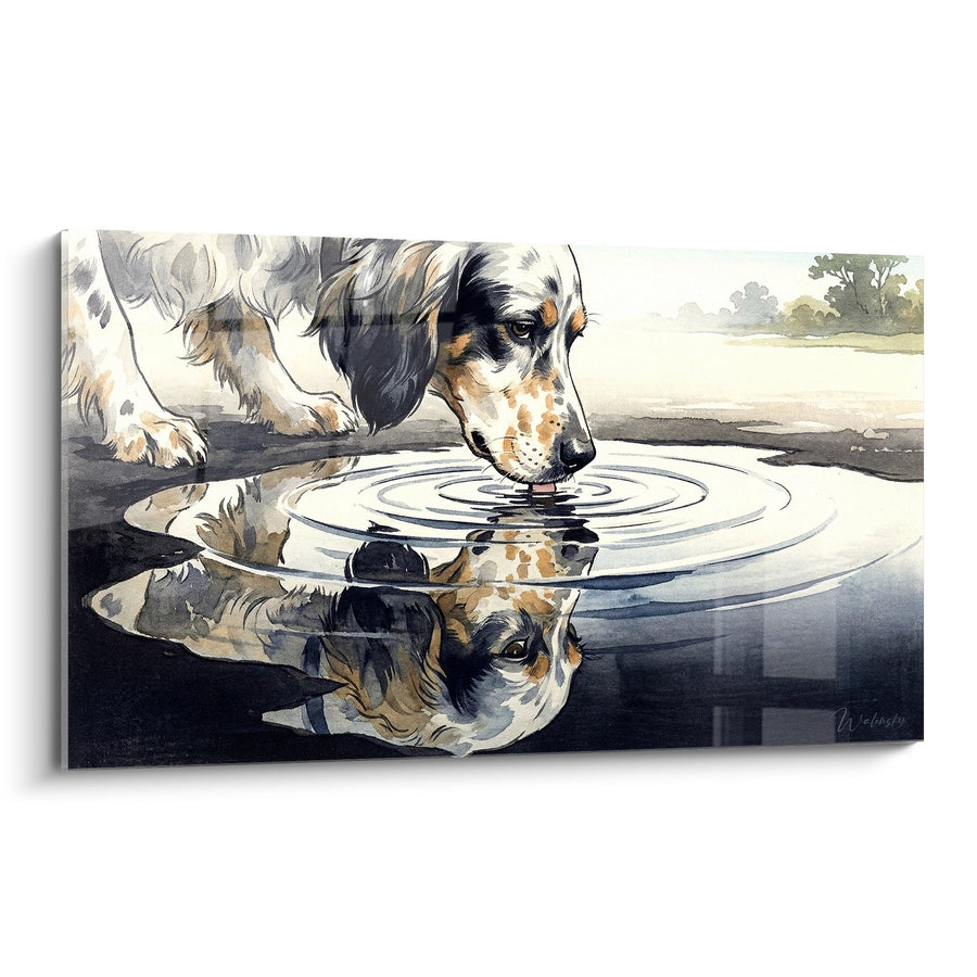 Tableau Setter Anglais s'Abreuvant avec Reflet - Instant de Sérénité - Edition Setter Anglais