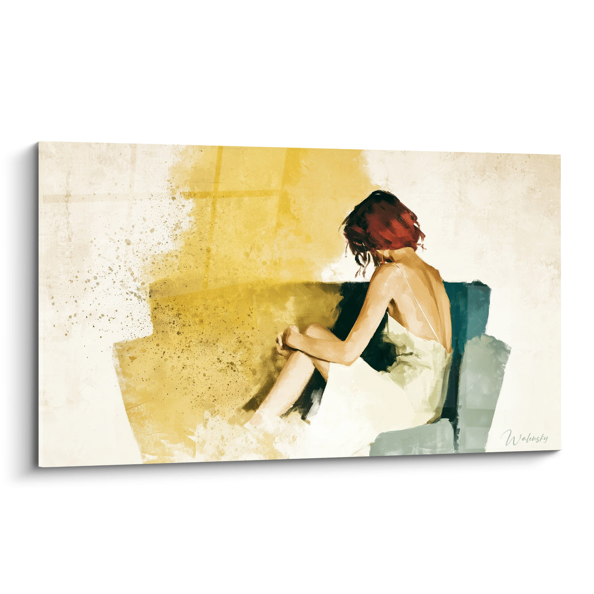 Femme rousse assise dos nu, tableau sexy en tons ocre doré et vert sarcelle profond