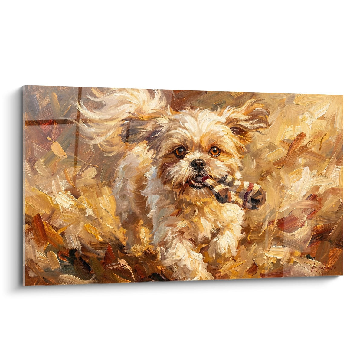 Tableau peinture Shih Tzu aux tons dorés tenant un jouet rayé, pelage vaporeux, regard expressif