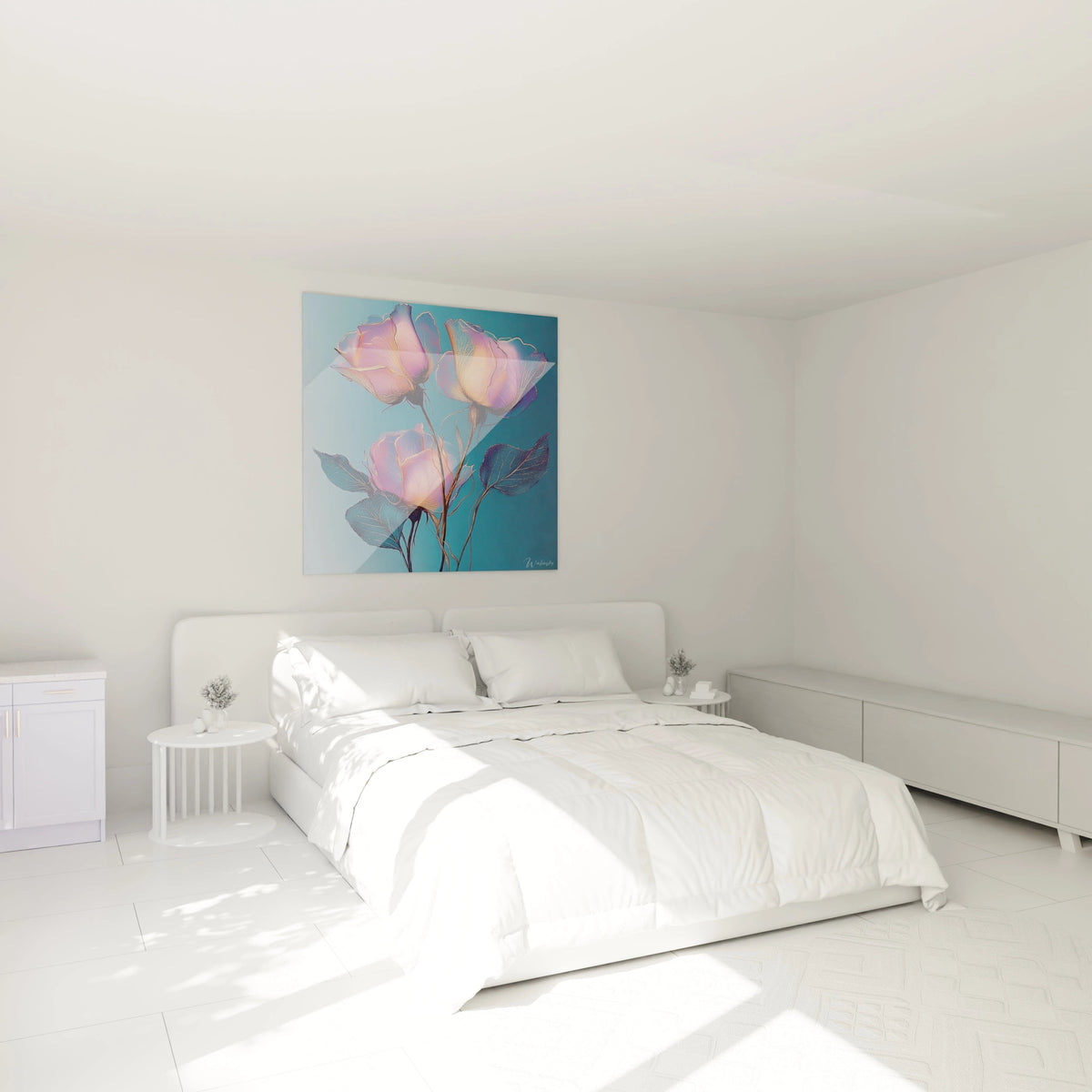 Un tableau roses opalescentes montrant trois spécimens aux teintes rose-violet lumineuses et bords dorés, avec des feuilles bleu-vert texturées, créant un effet de transparence sur un arrière-plan turquoise profond.

