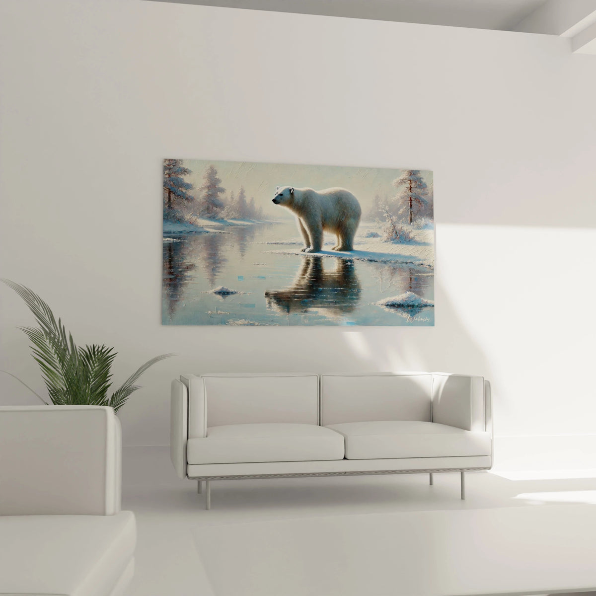 Le tableau ours polaire dans votre salon apporte élégance et nature. Cette œuvre crée une ambiance calme et majestueuse, idéale pour une décoration inspirée des grands espaces.

