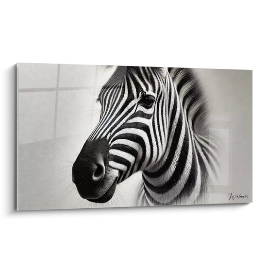 Admirez ce tableau zebre vu de biais, mettant en valeur les détails fascinants du pelage rayé. L'oeuvre en noir et blanc, minimaliste et élégante, capte la beauté sauvage du zebre dans une vision réaliste.

