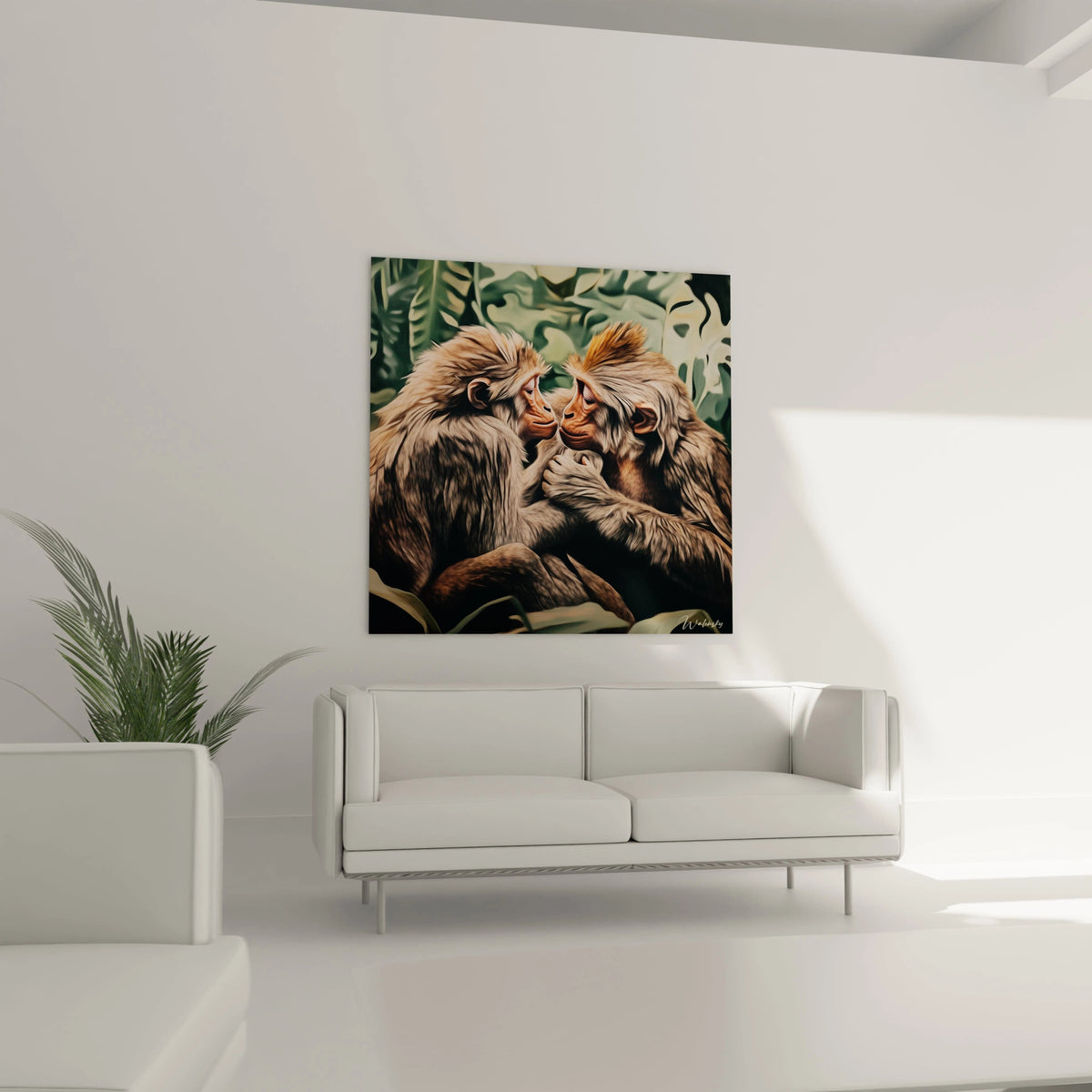 Tableau singe Walensky représentant deux singes proches dans une jungle au-dessus d'un canapé moderne blanc