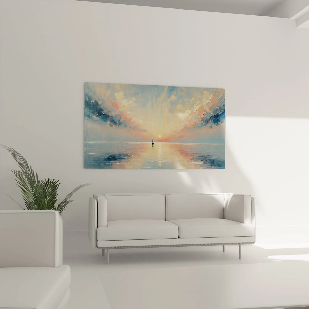 dans le salon : Accroche ce tableau peinture abstrait dans ton salon et laisse ses couleurs pastel apporter calme et elegance. Inspire par un coucher de soleil en mer, il est ideal pour une decoration naturelle.

