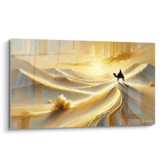 Vue de biais du tableau Desert capturant les dunes dorees et le voyageur solitaire sur son chameau face a l immensite mystique du desert ideal pour une ambiance apaisante et intemporelle

