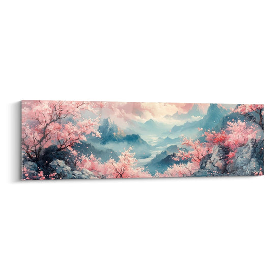 Un tableau montagne présentant un paysage panoramique de sommets bleutés entourés de cerisiers en fleurs roses. Des brumes légères enveloppent les vallées, créant différents plans de profondeur. Textures variées entre rochers solides et pétales délicats sous un ciel rosé.

