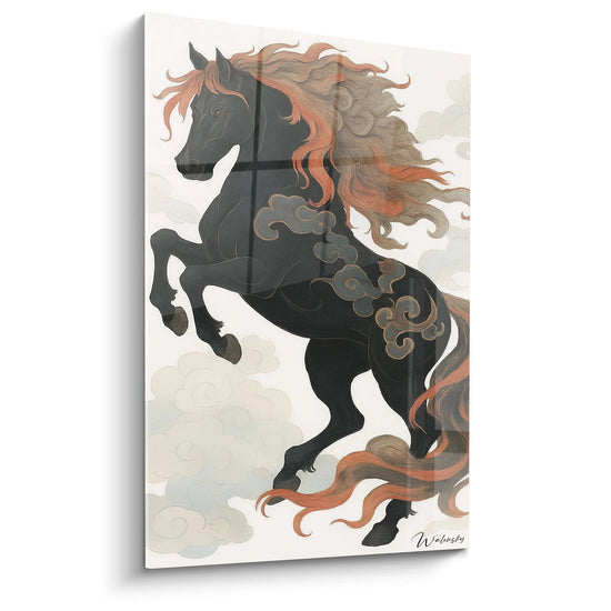Un tableau cheval noir représentant un coursier cabré avec une crinière flamboyante orange et beige, orné de motifs nuageux bleu-gris sur son corps, sur fond blanc avec des nuages stylisés, dans un style artistique inspiré de l'art chinois traditionnel.
