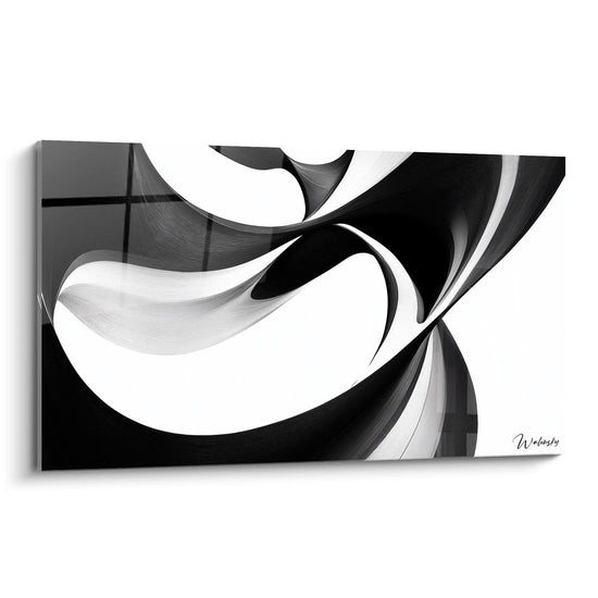 Un tableau rayures noir et blanc représentant des formes ondulantes et fluides qui s'entrecroisent, créant un effet de mouvement perpétuel. Les lignes courbes noires contrastent fortement avec le fond blanc immaculé, produisant une illusion de profondeur et de dimension tridimensionnelle.
