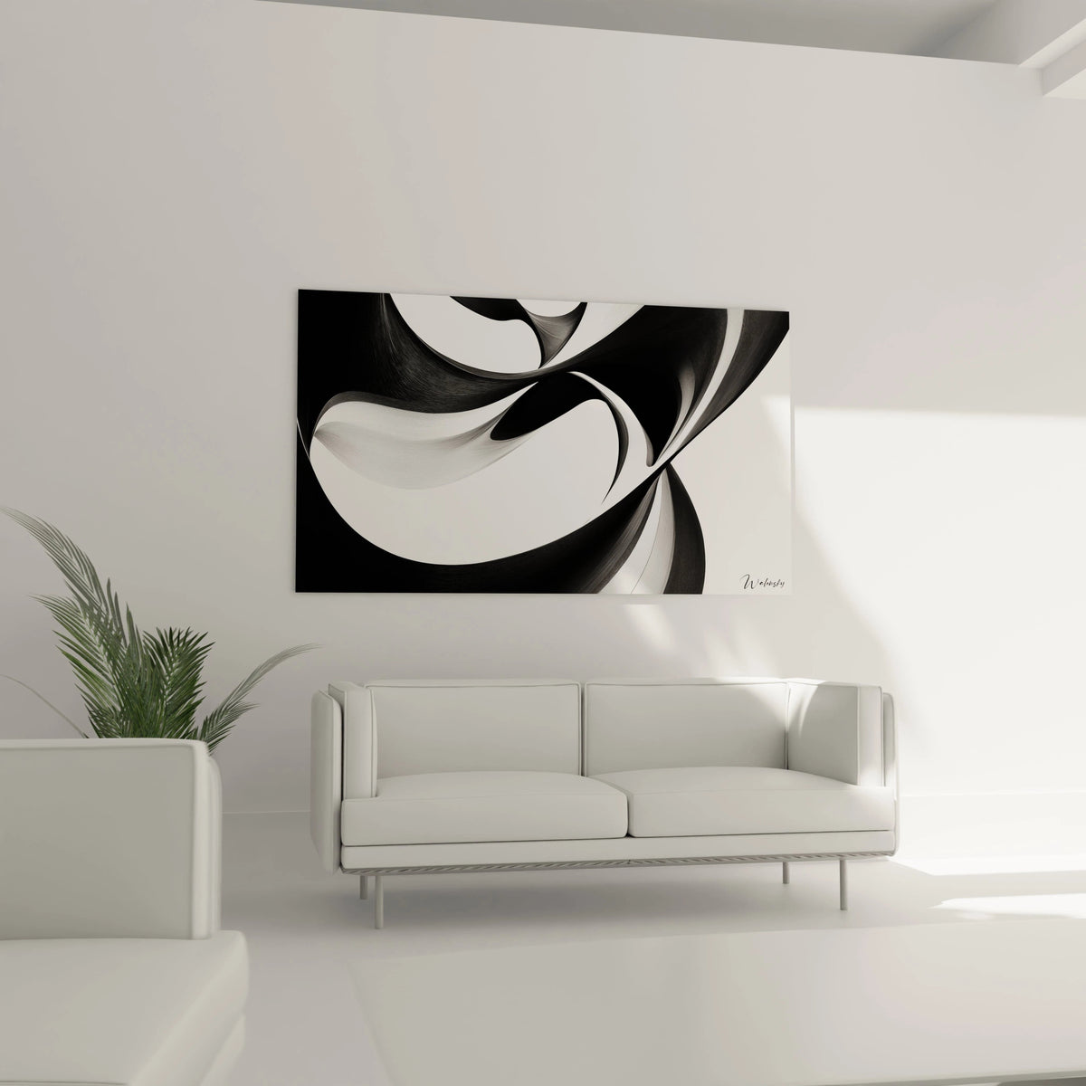 Un tableau rayures noir et blanc abstrait composé de bandes entrecroisées créant une composition dynamique. Les éléments noirs aux lignes fluides serpentent à travers l'espace blanc, produisant des zones de tension visuelle et des effets de volume malgré la stricte bichromie de l'œuvre.
