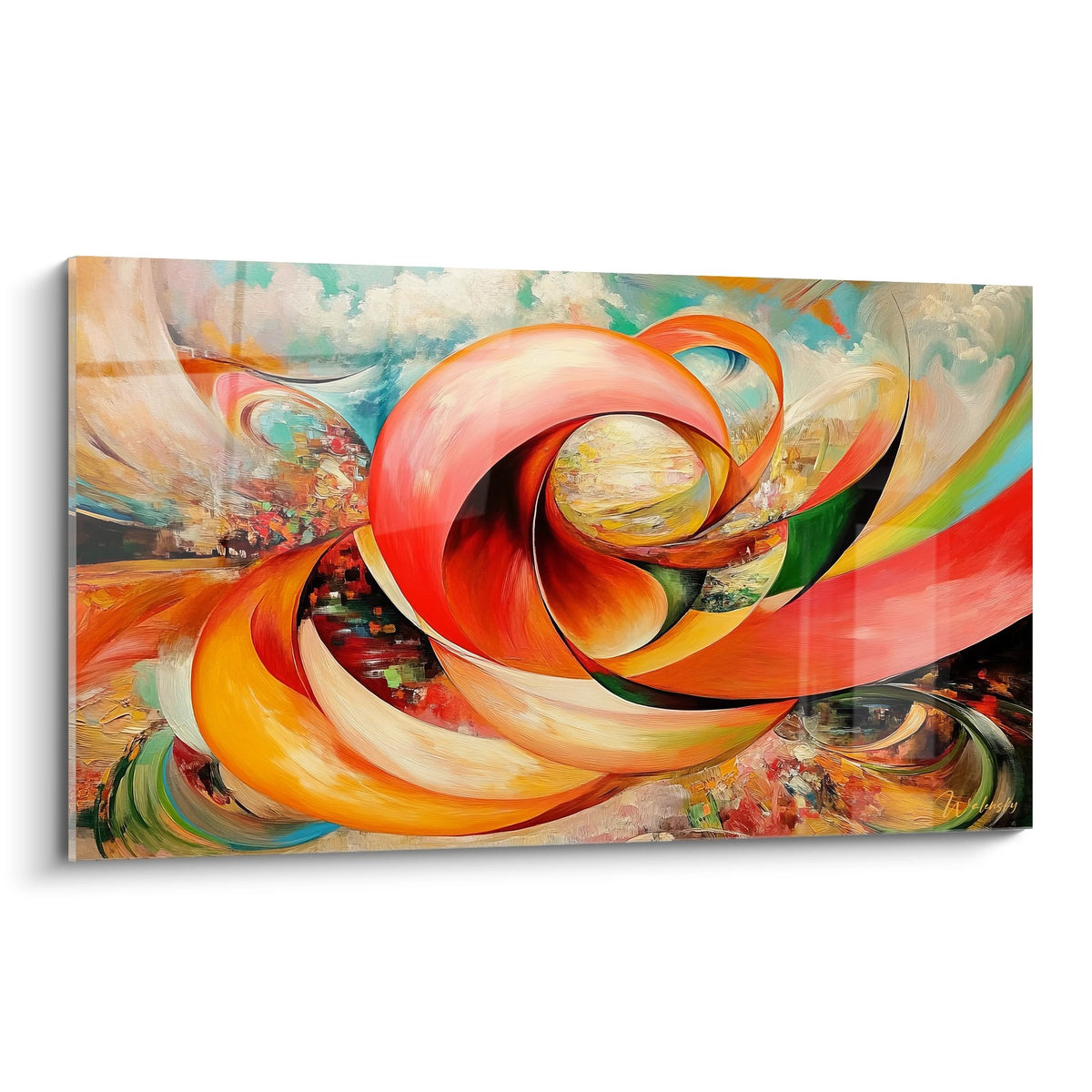 Tableau spirale abstrait rouge orange avec tourbillon dynamique et formes organiques modernes