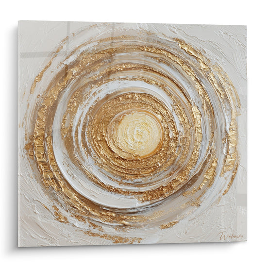 Tableau spirale dorée texturée en relief sur fond blanc crème, motif concentrique hypnotique feng shui