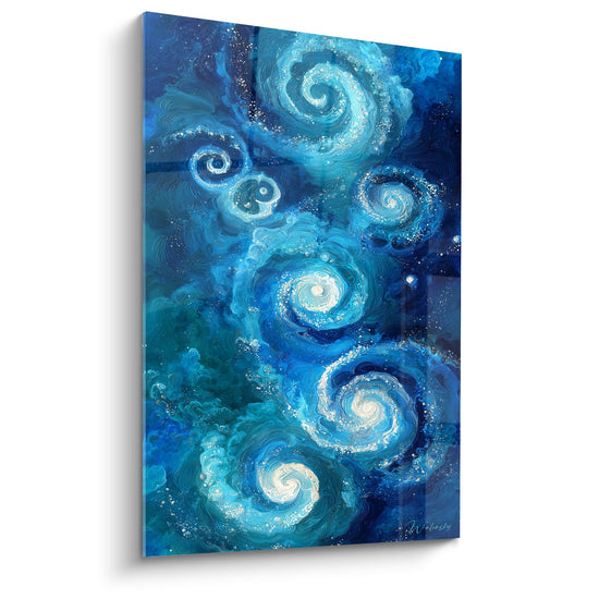 Tableau spirales cosmiques bleues turquoise tourbillons stellaires feng shui nord eau decoration murale