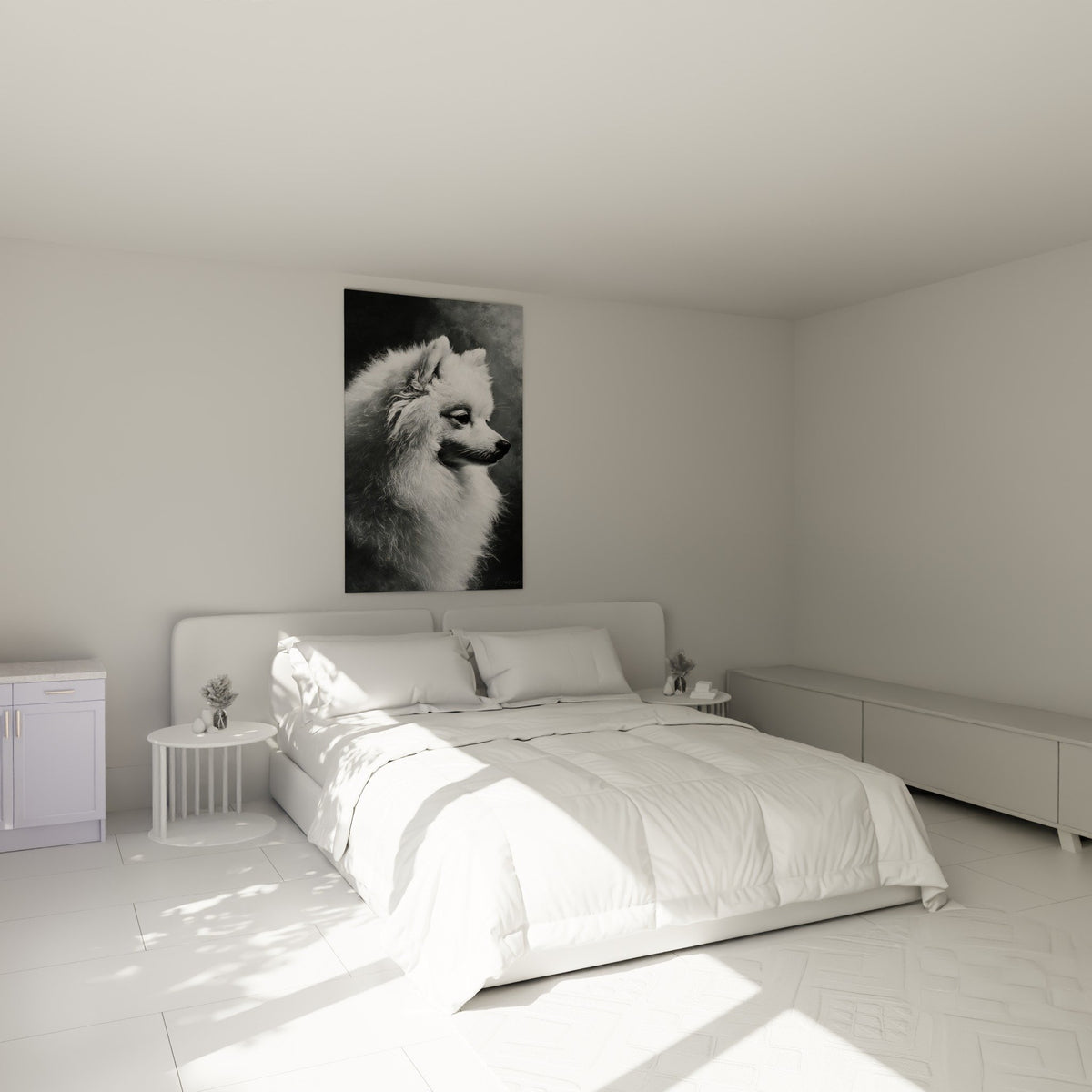 Tableau Spitz Japonais noir et blanc dans chambre moderne, décoration murale élégante et apaisante