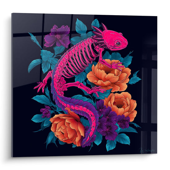 Tableau Squelette d'Axolotl Rose et Fleurs Colorées - Anatomie Florale - Edition Axolotl