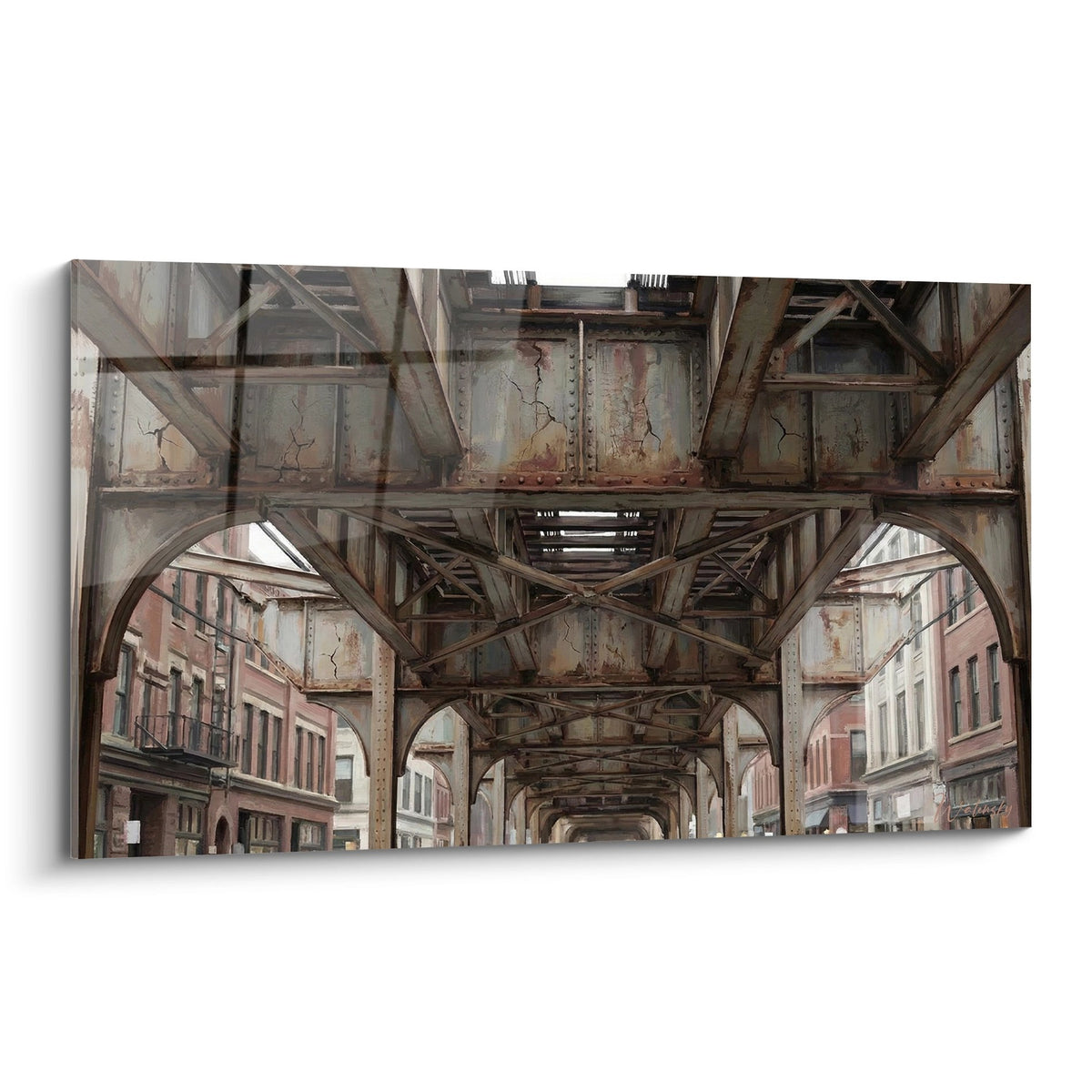 Structure métallique rouillée en perspective avec bâtiments urbains - tableau industriel Bronx