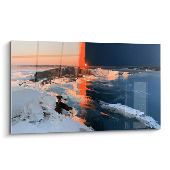 Banquise fracturée en blanc et bleu marine traversée d'un rayon orangé au style Peinture abstrait