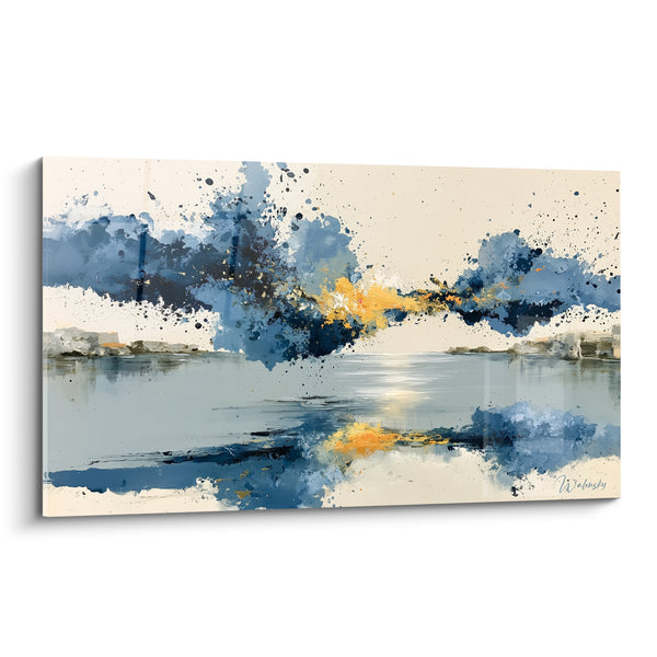 Tableau Reflets d'eau bleu marine et doré - Lueur sur l'onde - Edition style Peinture abstrait
