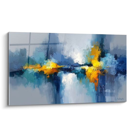 Tableau style Peinture abstrait aux reflets bleu marine et dorés, jeu de lumière sur eau agitée