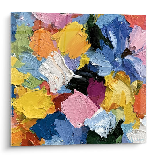 Bouquet floral abstrait jaune, bleu ciel et rose aux empâtements épais style Peinture abstrait