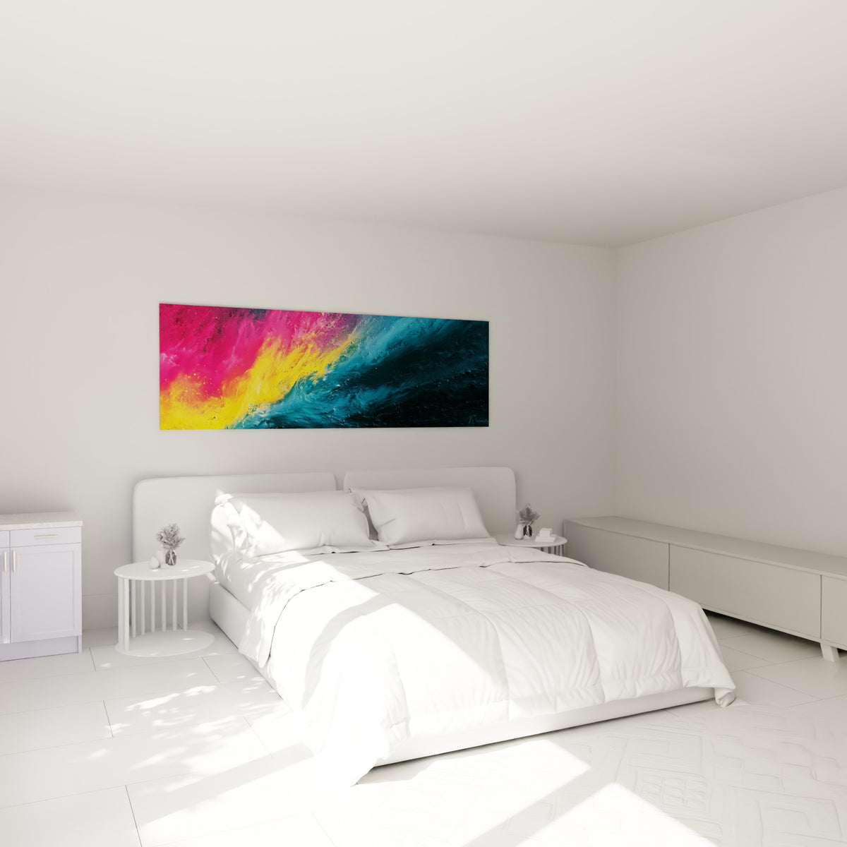 Vagues colorées rose et bleu anthracite composant ce tableau abstrait au-dessus d'un lit dans une chambre claire