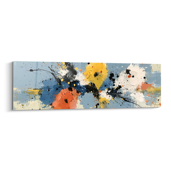 Éclaboussures jaunes, bleu pastel et orange terracotta composent ce tableau style Peinture abstrait