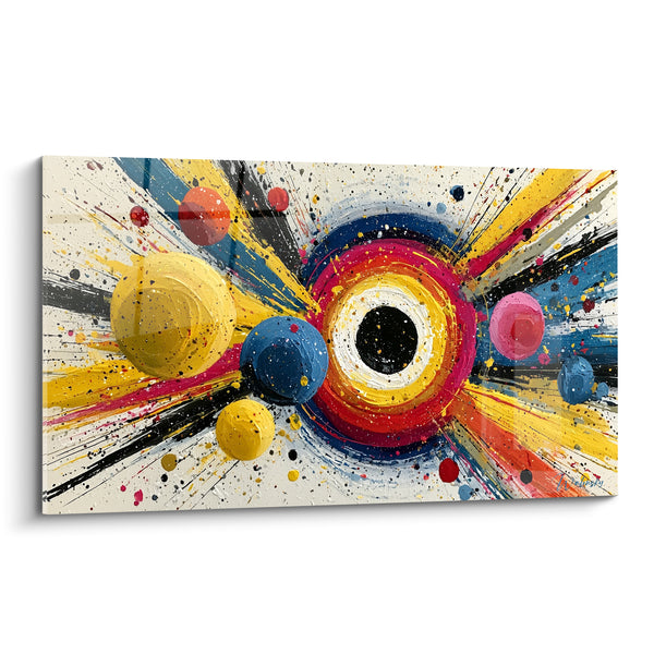Tableau Sphères jaune et bleu autour d'un œil noir - Système planétaire éclaté - Edition style Peinture abstrait