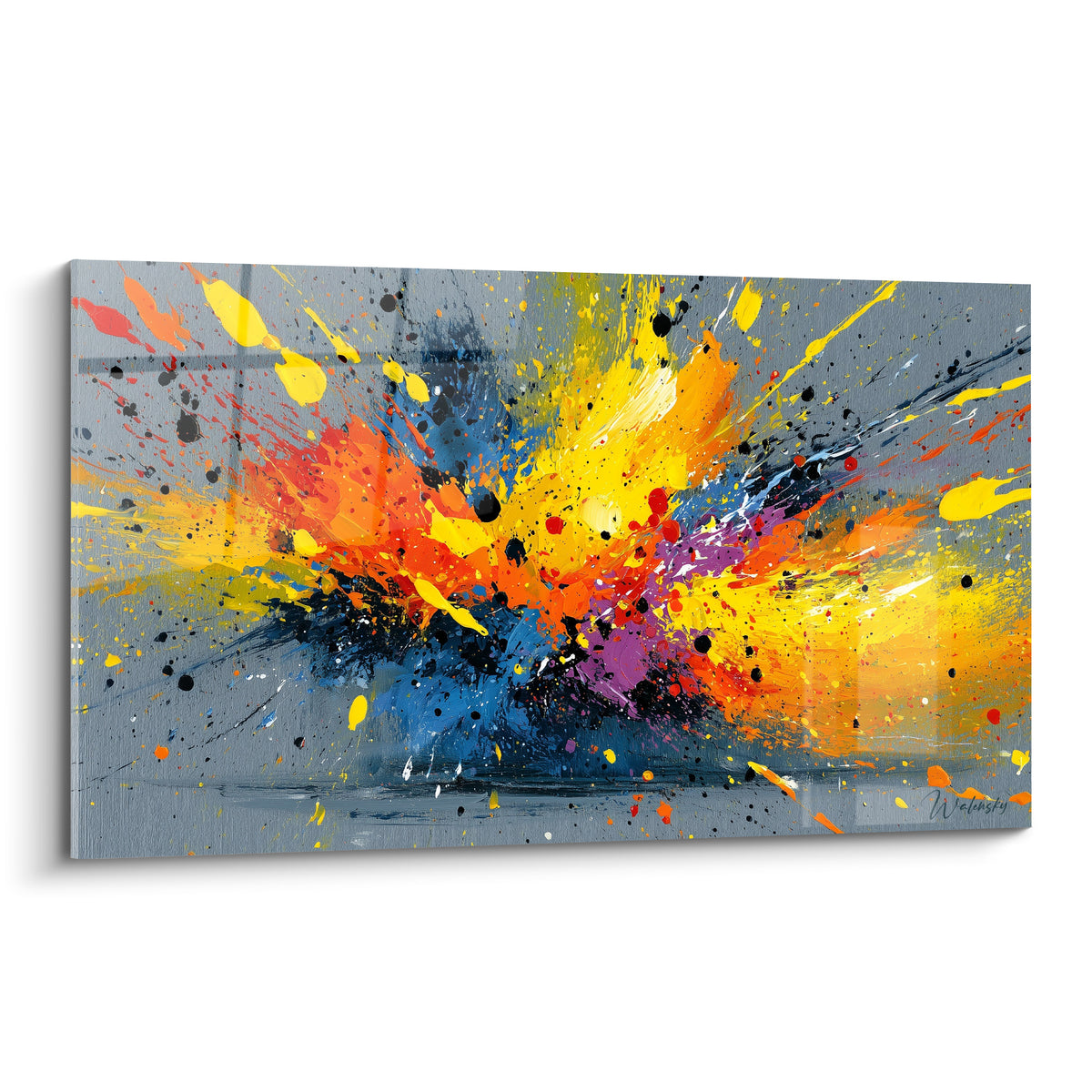 Éclaboussure jaune, orange et bleue en style Peinture abstrait sur fond gris texturé