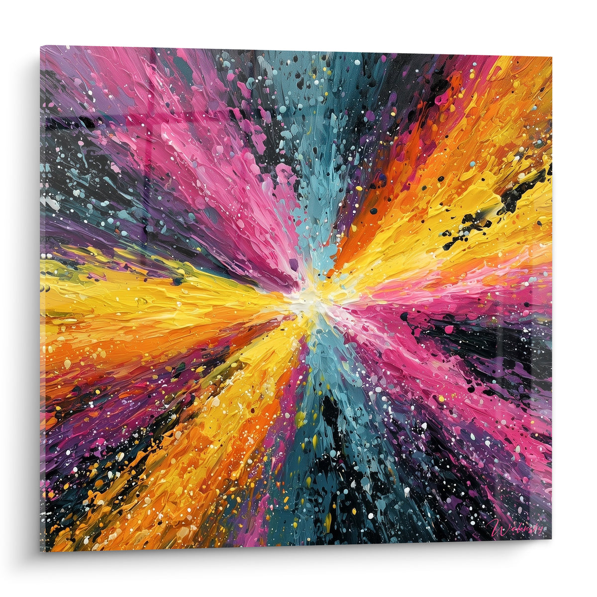 Explosion picturale rose fuchsia et jaune safran avec éclats bleu pétrole en style Peinture abstrait