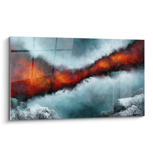 Tableau Faille incandescente bleu glacier et orange - Sillon de magma - Edition style Peinture abstrait