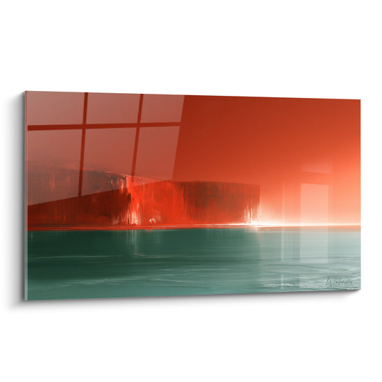 Falaise abstraite rouge vermillon et sarcelle, empâtements marqués sur horizon lumineux