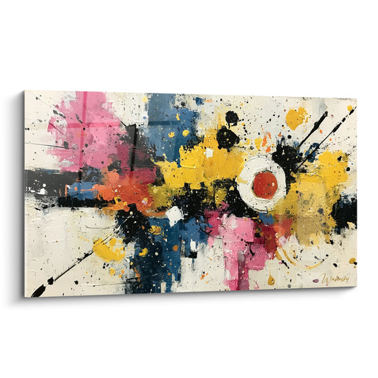 Éclaboussures jaunes, roses et bleu marine sur fond ivoire, tableau style Peinture abstrait au couteau