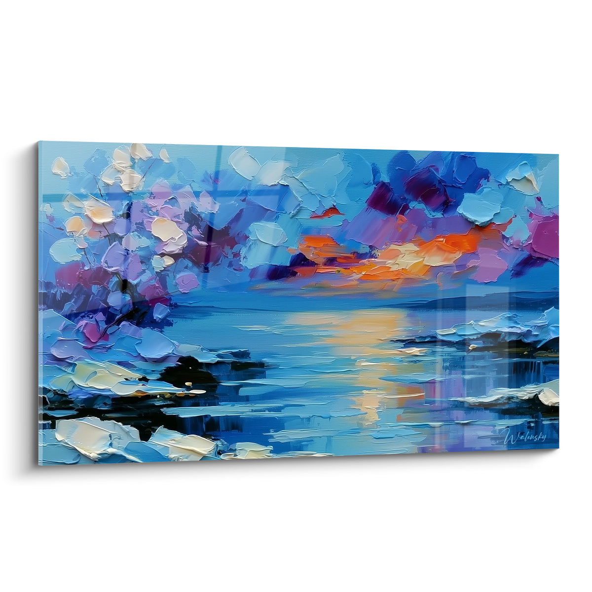 Lac bleu marine et orangé au crépuscule, empâtements épais style Peinture abstrait