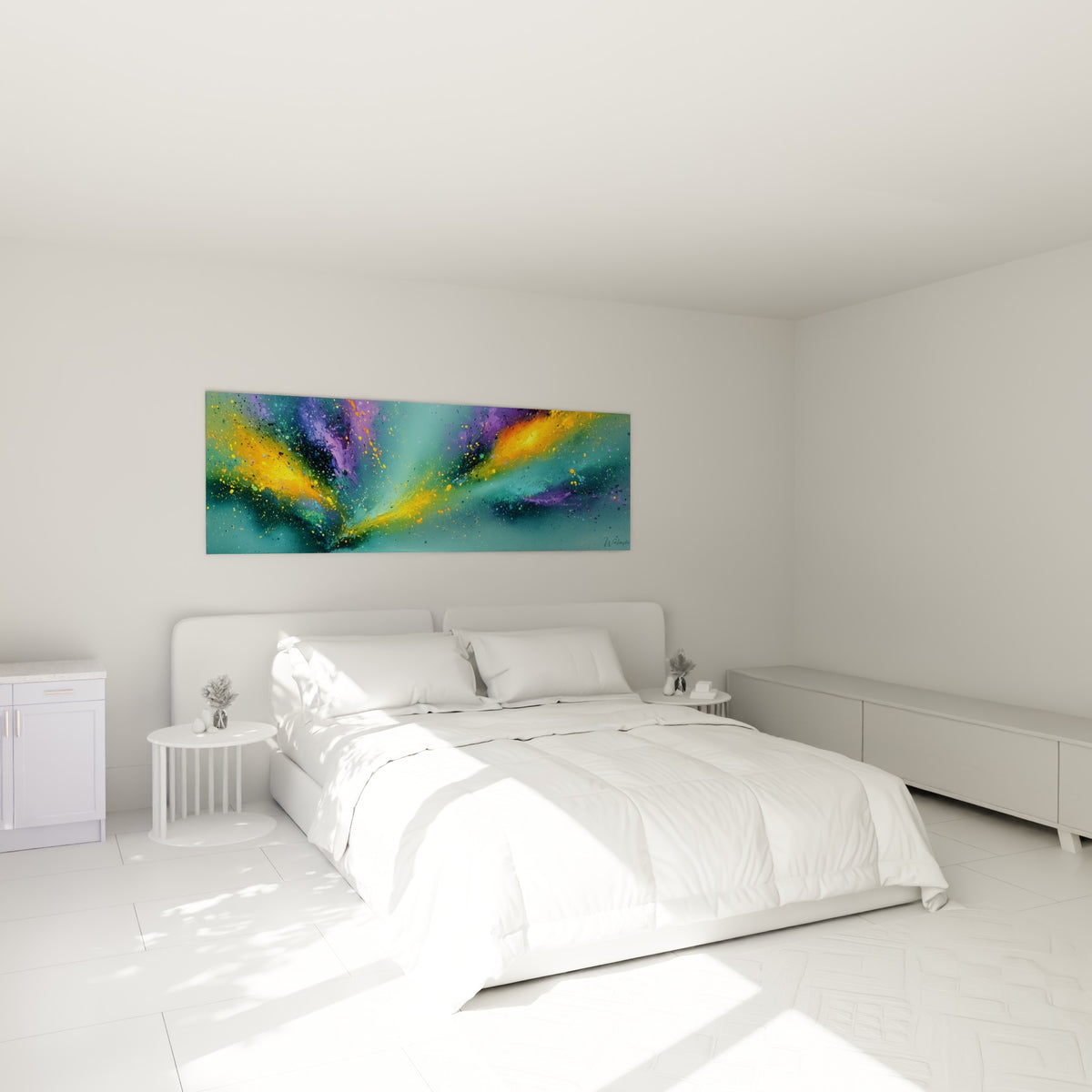 Nébuleuse turquoise et dorée, style Peinture abstrait au-dessus d'un lit dans une chambre claire