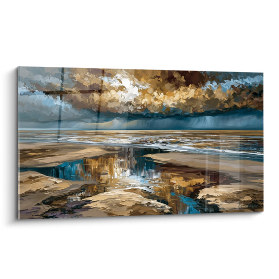 Plage dorée sous ciel orageux, contraste ocre et bleu ardoise, style Peinture abstrait en pleine lumière