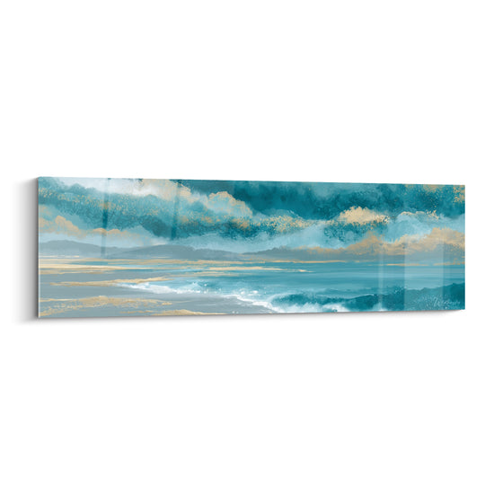 Vagues bleu sarcelle et dorées d'un rivage abstrait, ciel nuageux traité en style Peinture abstrait