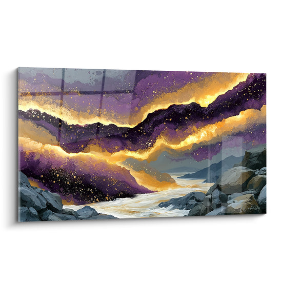 Rivière blanche entre roches grises sous ciel violet et doré, style peinture abstrait fluide
