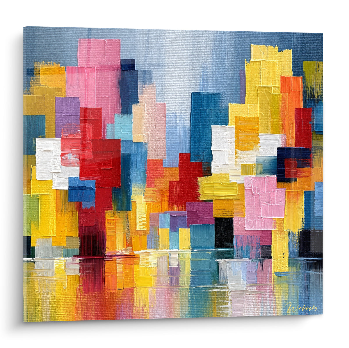 Skyline abstraite aux blocs jaune moutarde, rose et bleu marine peints en épaisses touches vibrantes