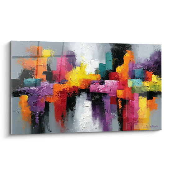 Skyline abstraite rose fuchsia et jaune doré aux empâtements texturés sur fond gris anthracite