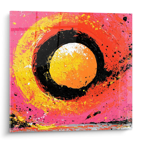 Spirale abstraite rose fuchsia et jaune entourant un cercle noir et orangé texturé