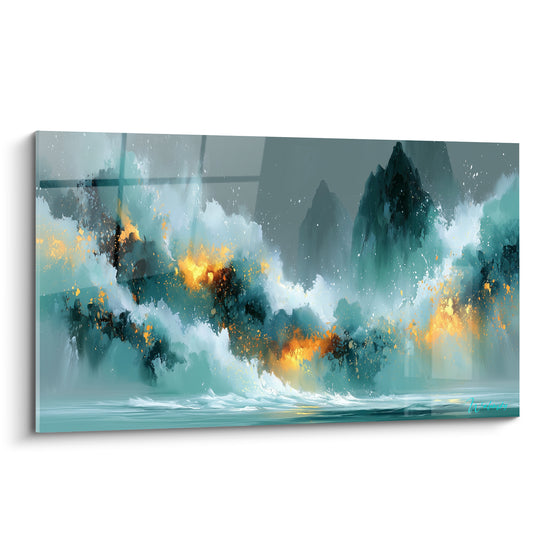Vague turquoise et dorée saisie en plein élan, empâtements marqués sur fond gris anthracite
