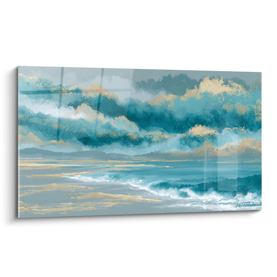Vagues bleu sarcelle et écume dorée dans un tableau style Peinture abstrait aux nuances anthracite